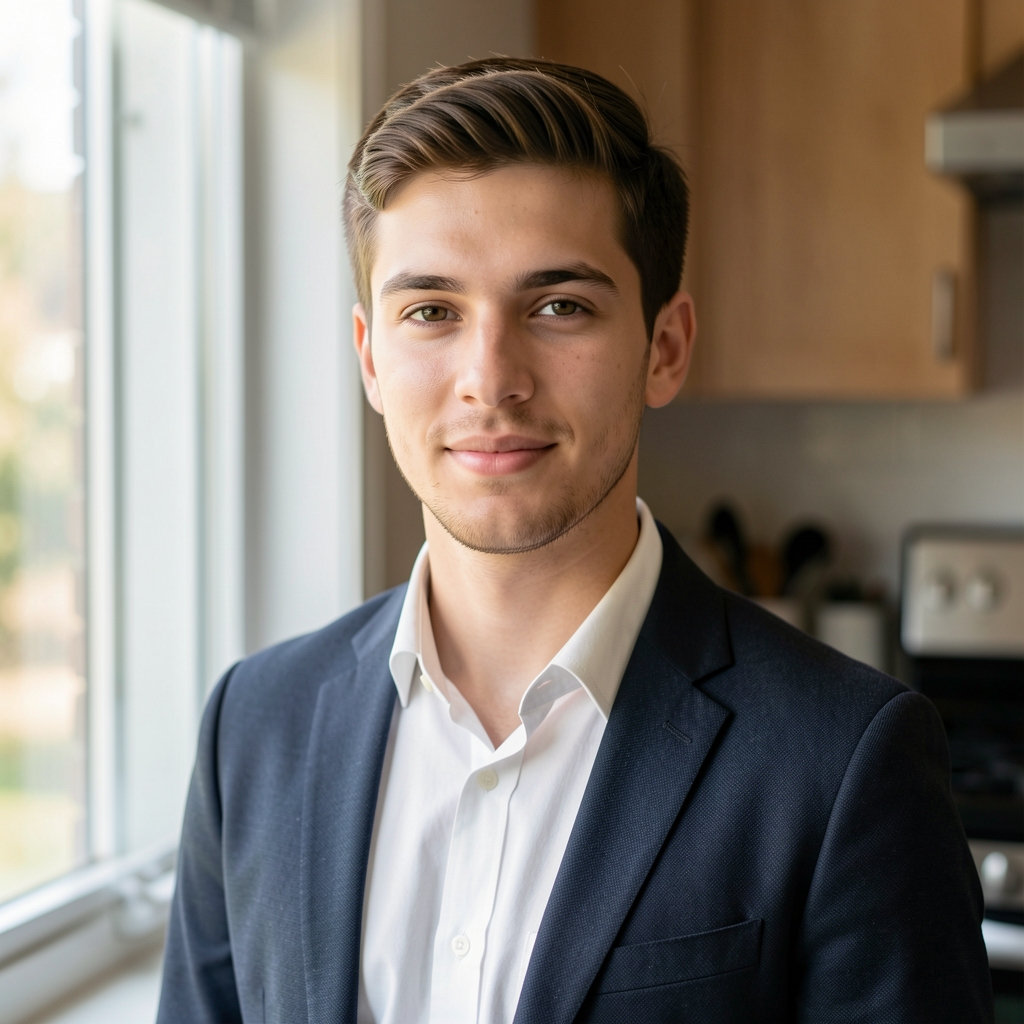 Editorial portrait of Tobias Marsden, contributing food writer, photographed in natural light near a kitchen window