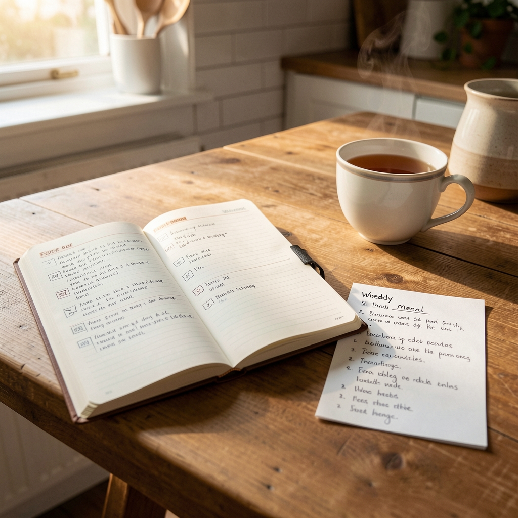Open food journal on a wooden kitchen table, handwritten weekly meal notes beside a cup of tea in morning light